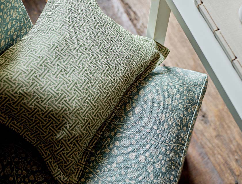 Scatter in RHS Gertrude Jekyll Lattice Green with Gertrude Jekyll Small Trailing Vine fabric detail